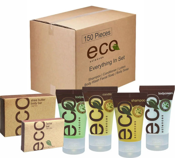 Vacation Rental Supplies Eco 25 of Each / 150 Items Total - Branded Amenities by Custom Amenities Inc.