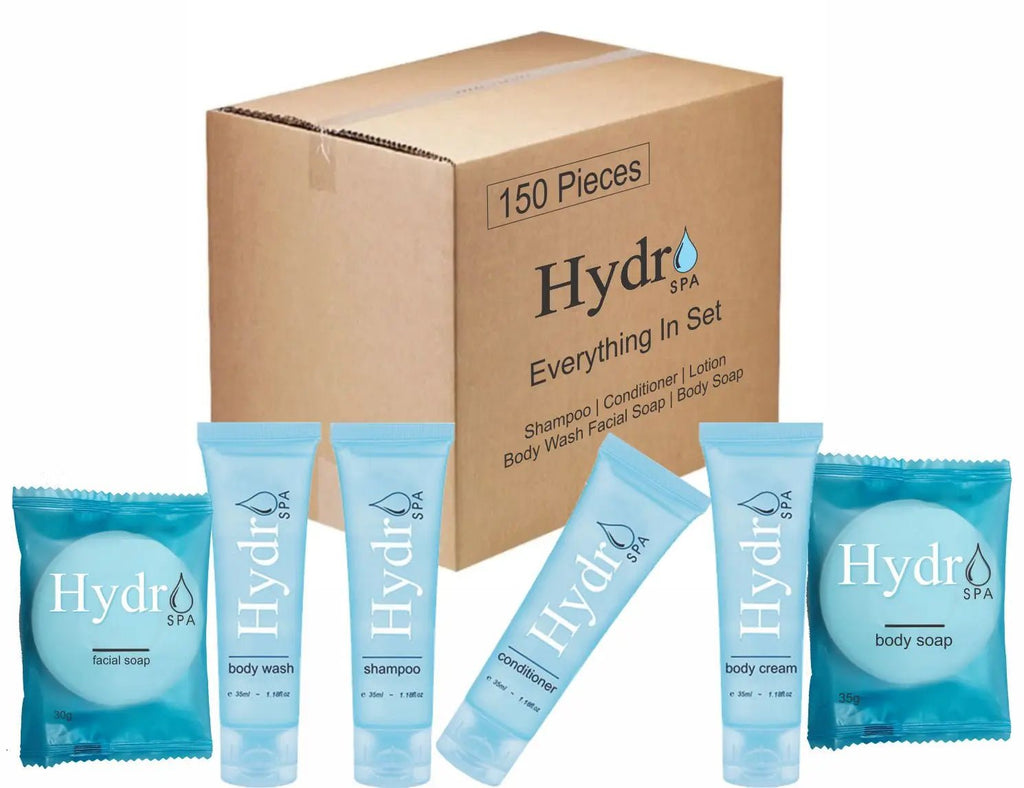 Vacation Rental Supplies Hydro Amenity Kit – Guest Room Kit (25 of Each / 150 Items Total) - Branded Amenities by Custom Amenities Inc.